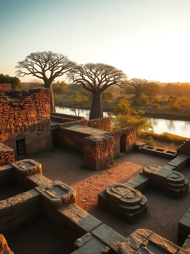 A serene image of the Mnarani Ruins in Kilifi, showcasing the ancient baobab trees, historic mosques, and panoramic views of the Kilifi Creek, blending history with natural beauty.