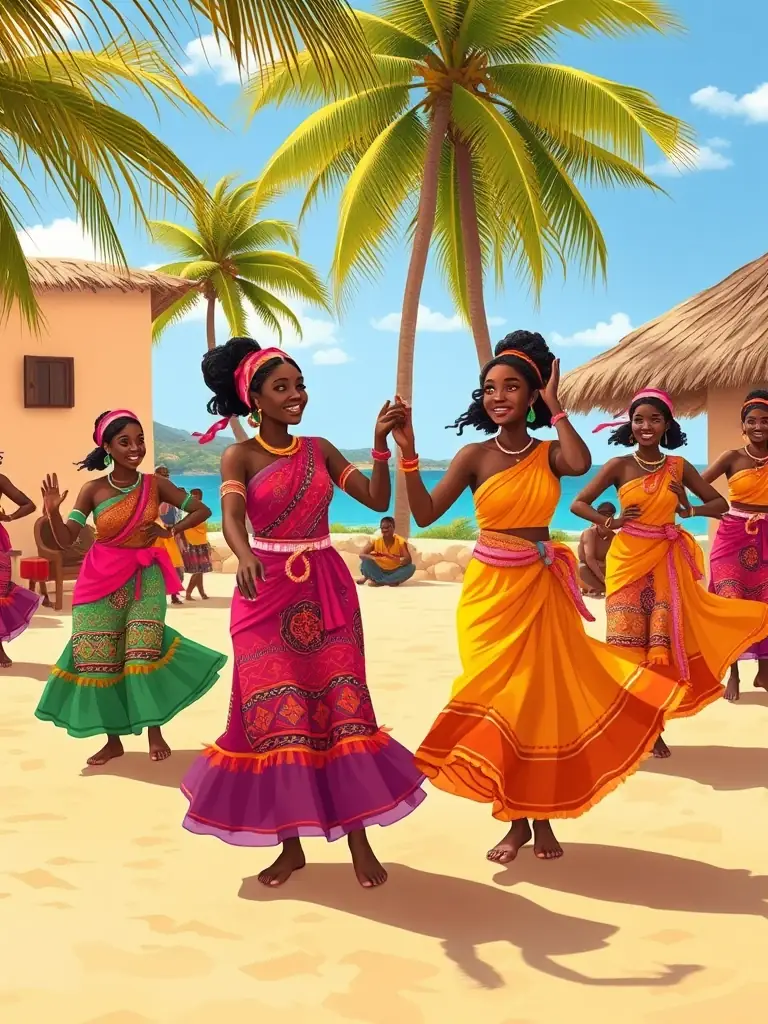 A colorful image of a traditional Swahili dance performance, featuring dancers in vibrant costumes, rhythmic music, and captivating storytelling, showcasing the region's rich artistic traditions.