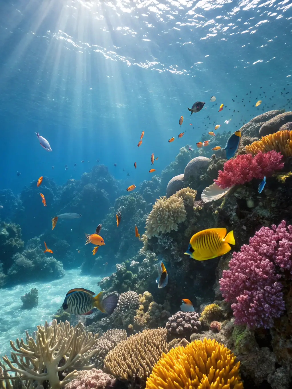 An underwater shot of vibrant coral reefs teeming with colorful fish and marine life, highlighting a snorkeling safari experience in the clear waters of the Indian Ocean.
