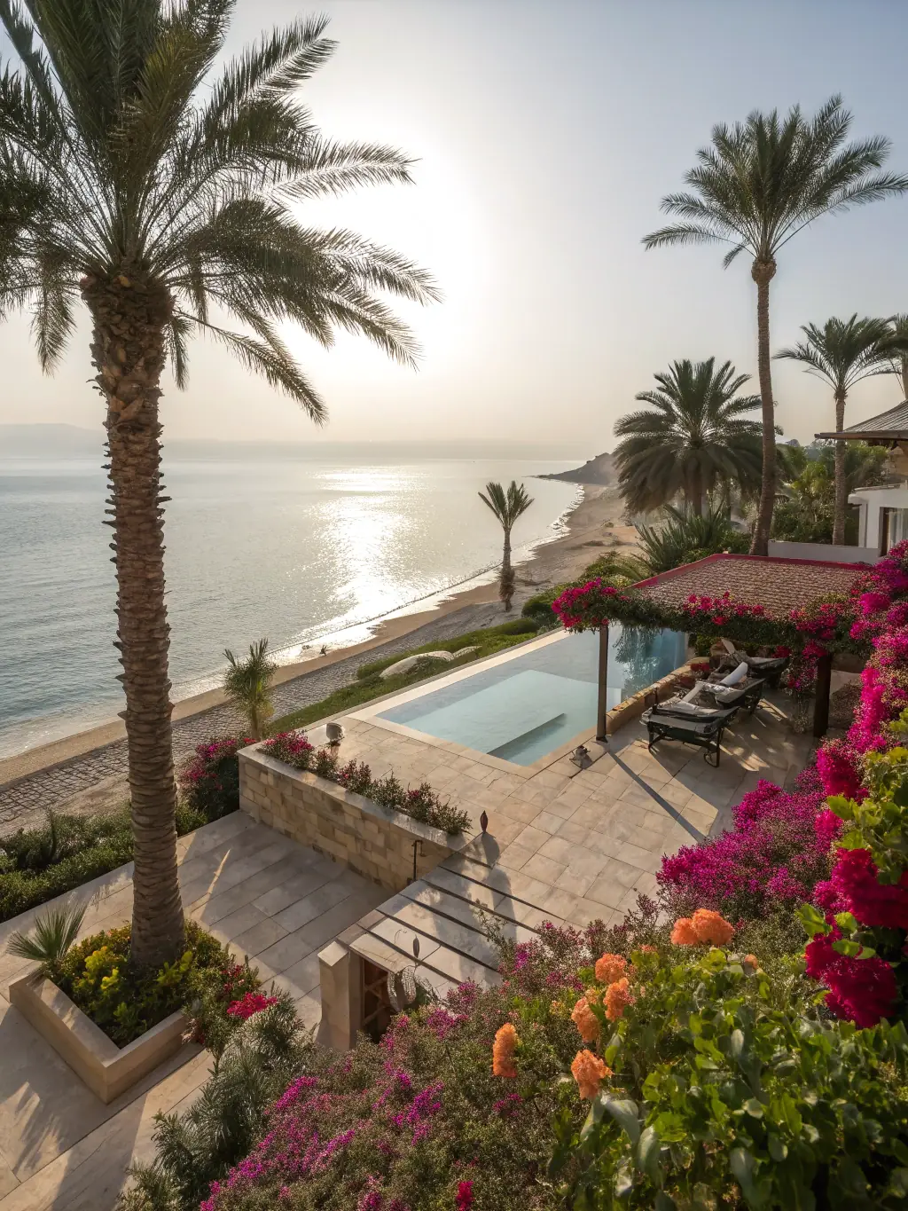 A panoramic view of a luxurious beachfront villa with infinity pool overlooking turquoise waters and lush gardens, representing Coastique Kenya's secluded beach villa offering.