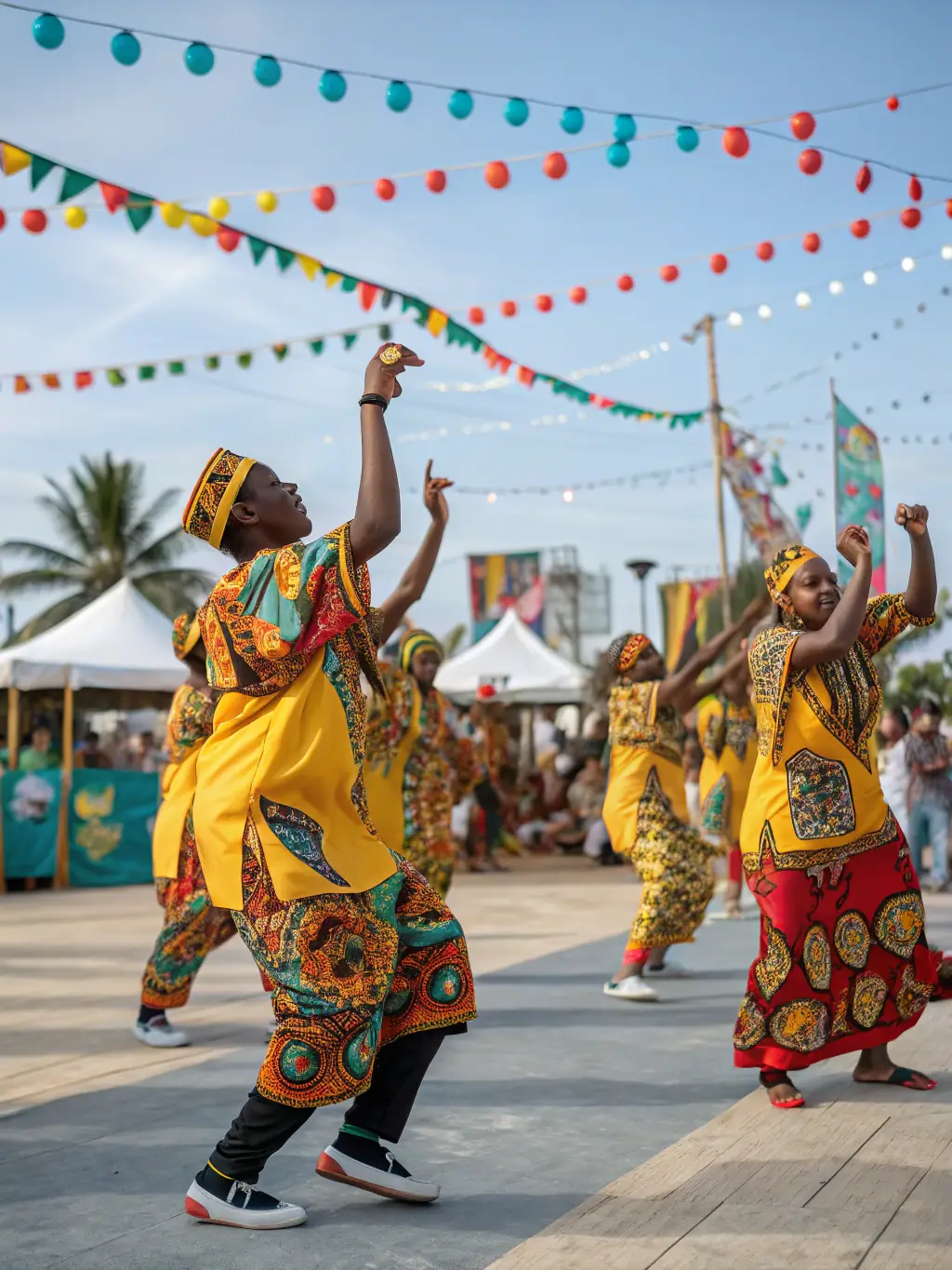 A vibrant image showcasing a traditional Swahili dance performance in a local village near the coast, capturing the colorful costumes and energetic movements of the dancers.