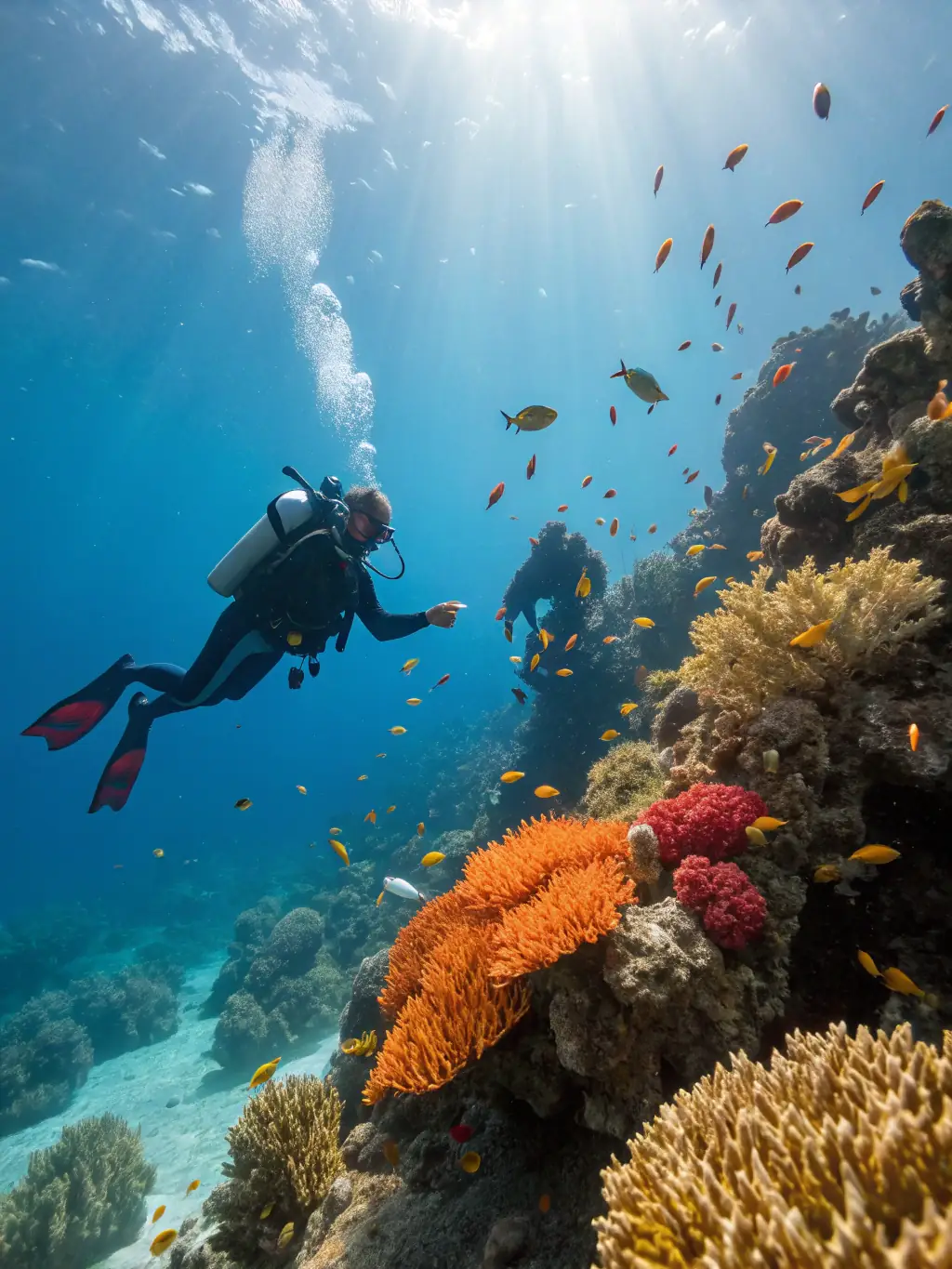 A photo of a traveler enjoying a bespoke ocean adventure, such as snorkeling in a vibrant coral reef or sailing on a traditional dhow at sunset.