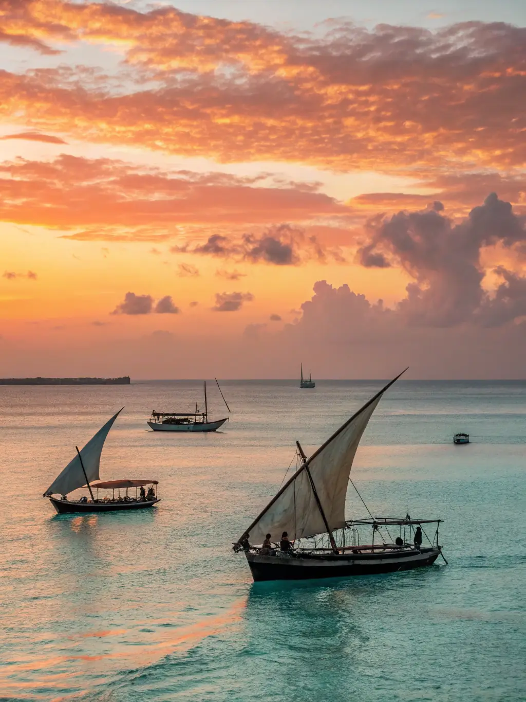A stunning aerial shot of a traditional dhow sailing on the turquoise waters of the Indian Ocean during sunset, highlighting the beauty of the Kenyan coastline.