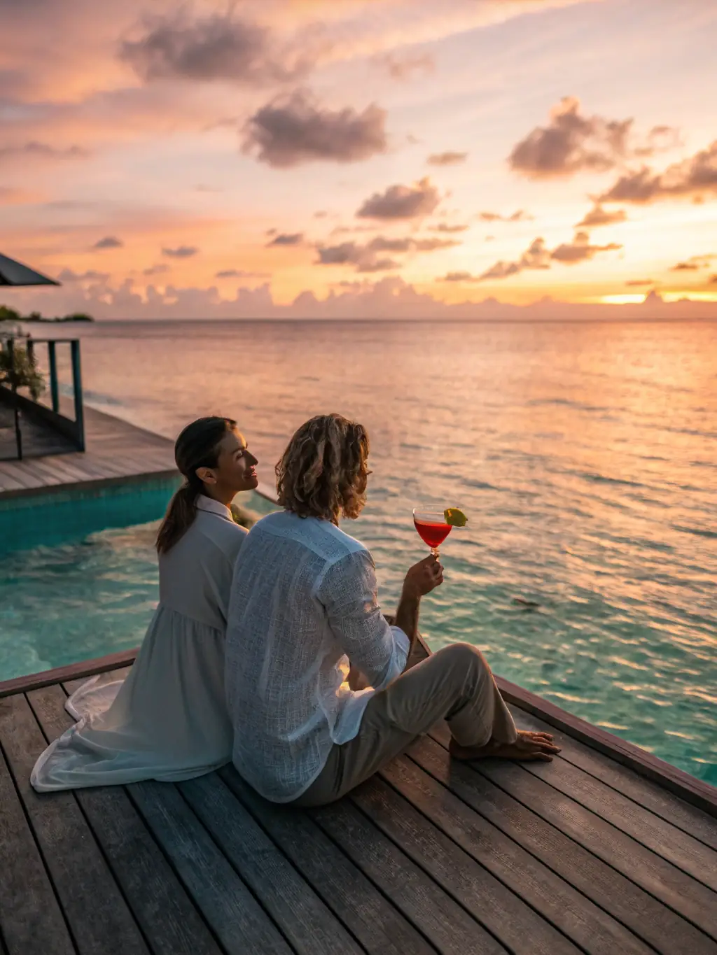 A high-definition image of a private dhow cruise at sunset, showcasing a couple enjoying champagne with the Kenyan coastline in the background. The scene should evoke romance and exclusivity.