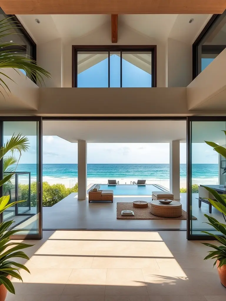 An elegant photo of the interior of a luxury beachfront villa, showcasing the stylish decor, comfortable furnishings, and stunning ocean views from the private balcony.