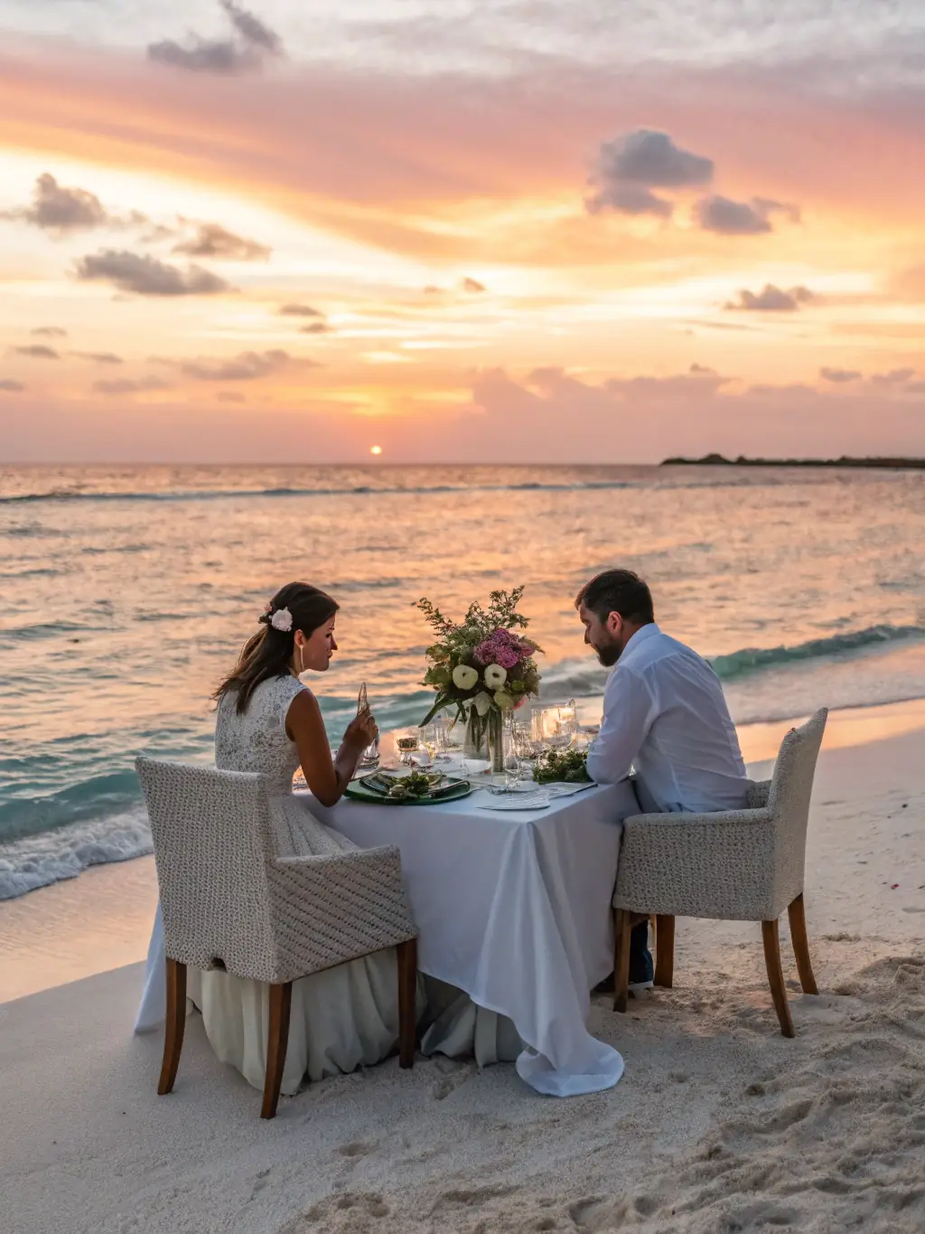 A couple enjoying a romantic dinner on a secluded beach at sunset, part of Coastique Kenya's exclusive escapes.