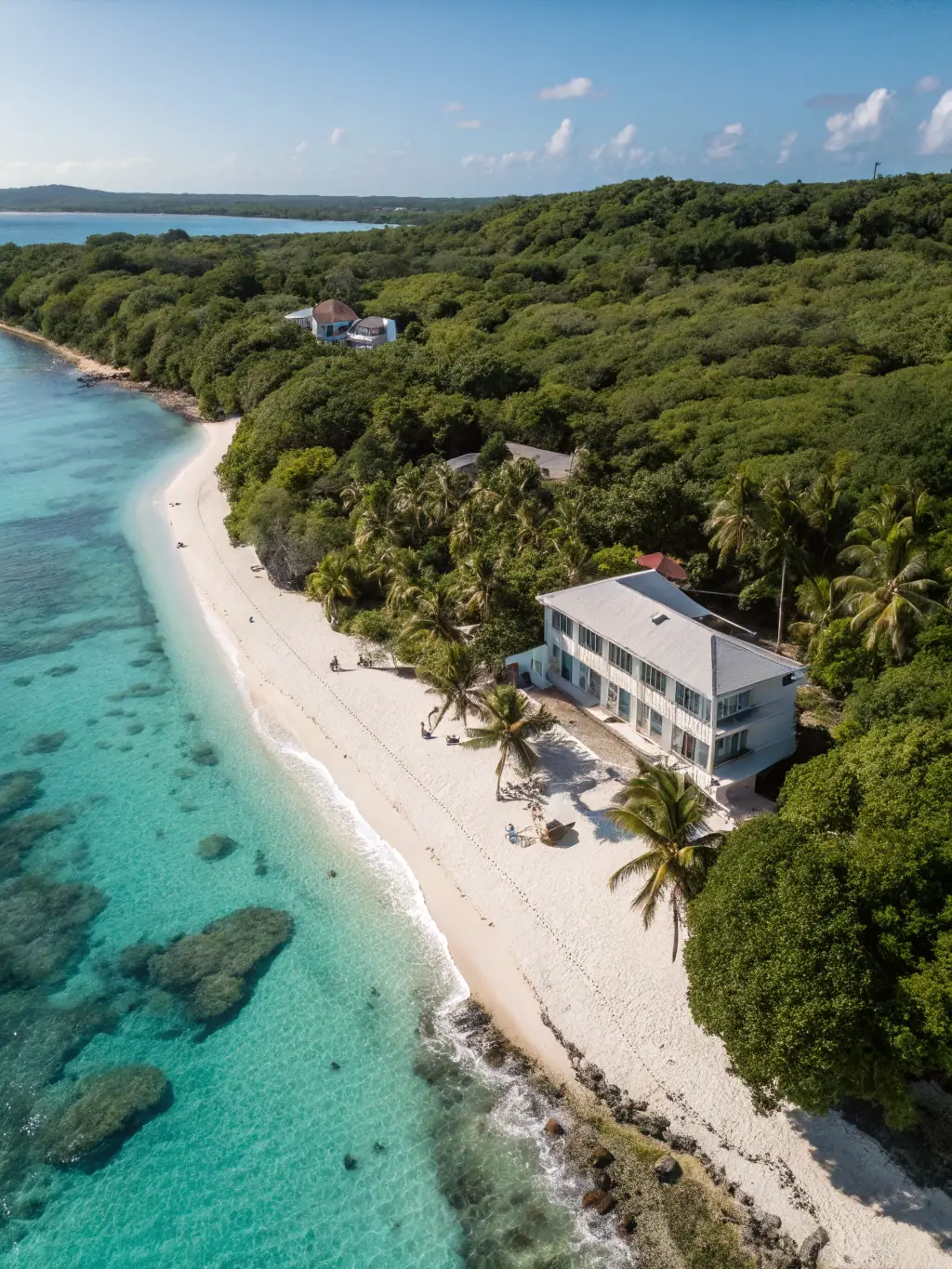 A stunning aerial view of a secluded beach villa on a private island in Kenya, highlighting the exclusivity of Coastique's destinations.