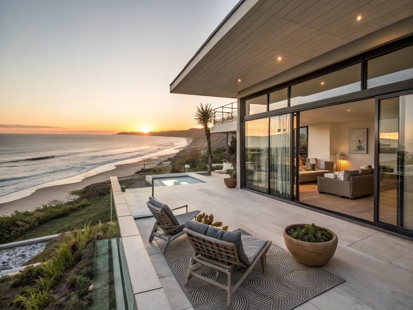 A serene image of a secluded beach villa at sunset, emphasizing privacy and luxury, with a couple enjoying cocktails on the deck.