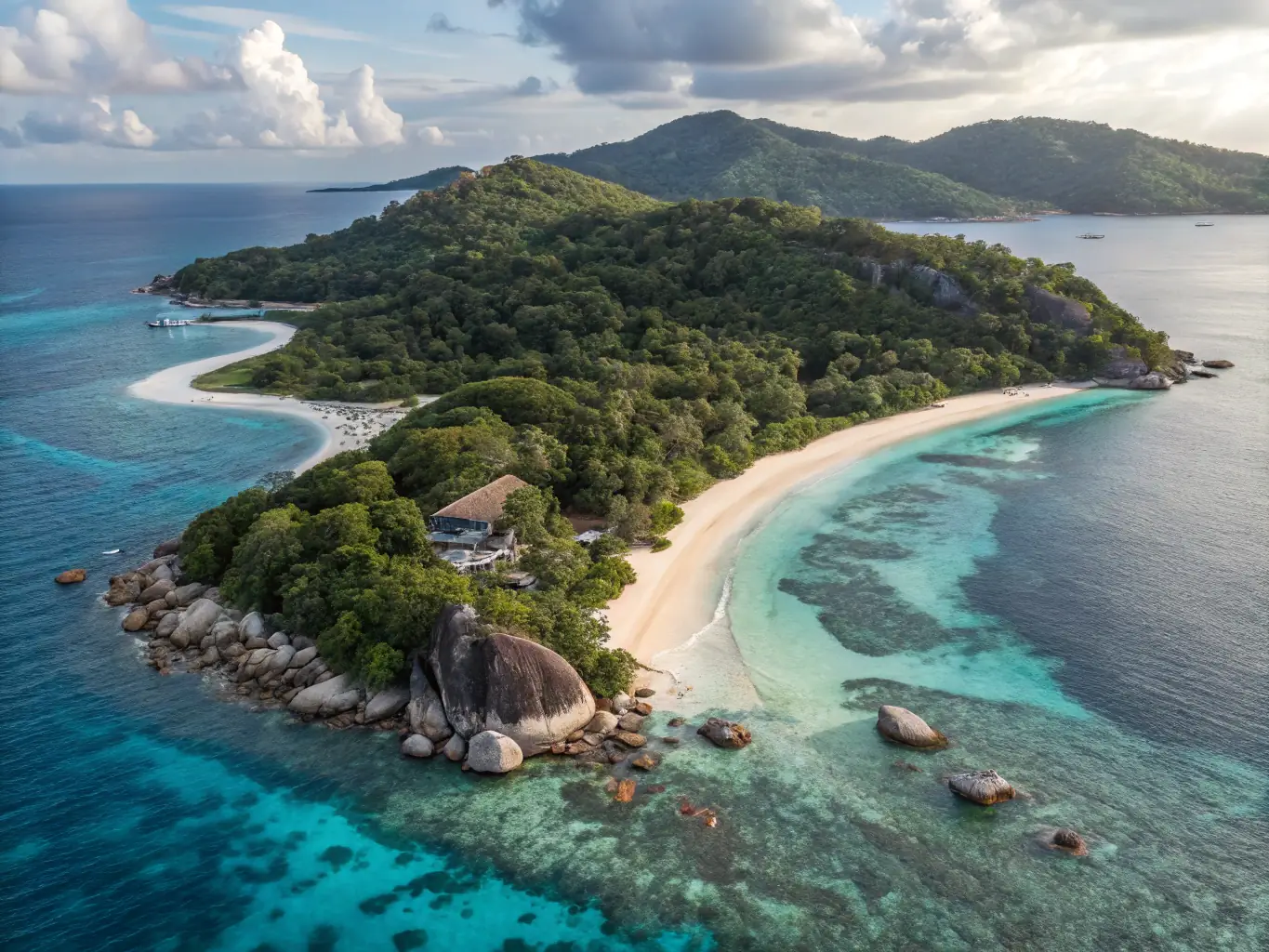 A vibrant image of a private island escape, showcasing crystal-clear waters, lush vegetation, and a luxurious villa.