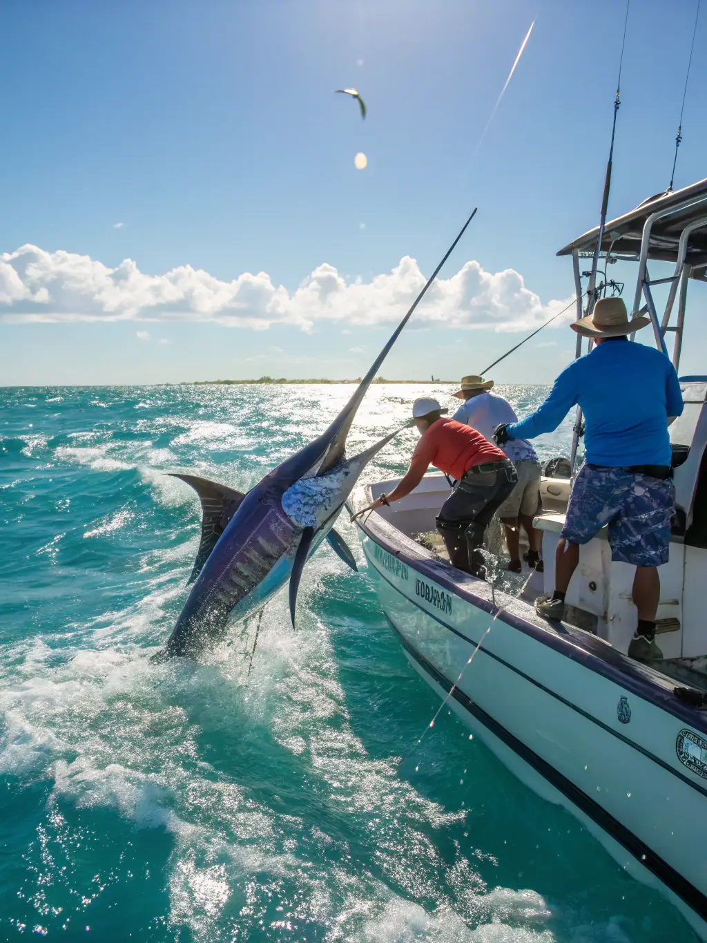 A photograph of a group of people on a deep-sea fishing trip, reeling in a large fish with the help of experienced local fishermen. The image should convey excitement and adventure.