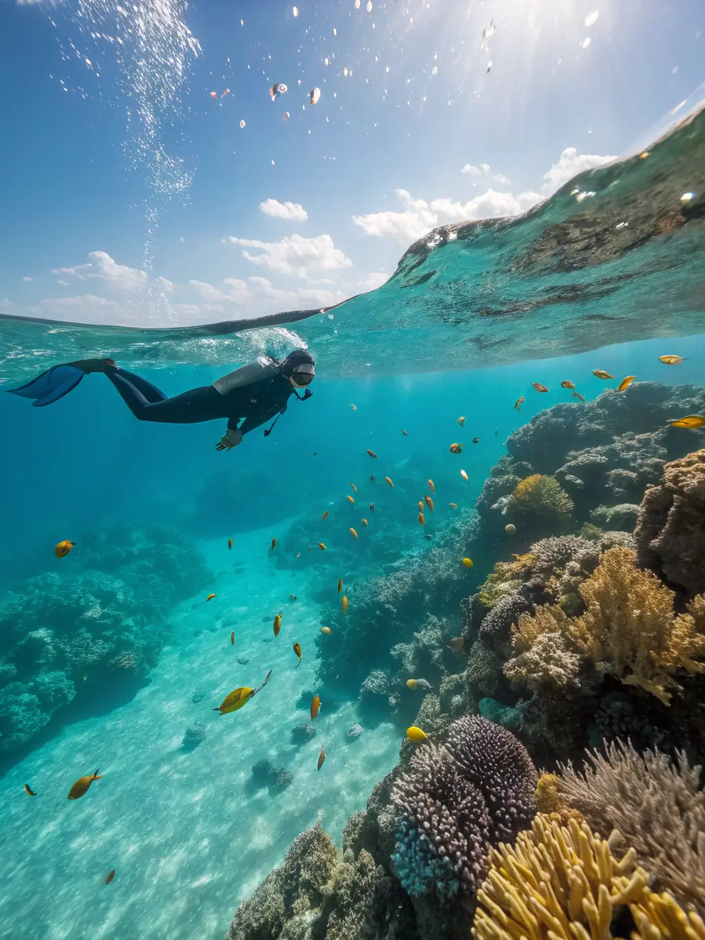 A captivating underwater image of a snorkeler swimming alongside colorful coral reefs and diverse marine life in the Kenyan coast's protected marine park.