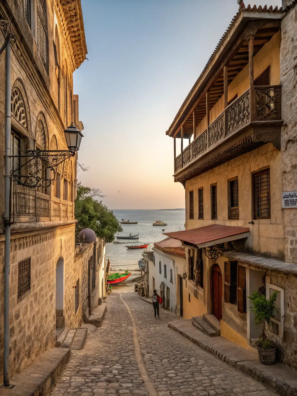 A vibrant image of the Lamu Old Town, showcasing its Swahili architecture, bustling market, and traditional dhows in the harbor, capturing the essence of its rich cultural heritage.