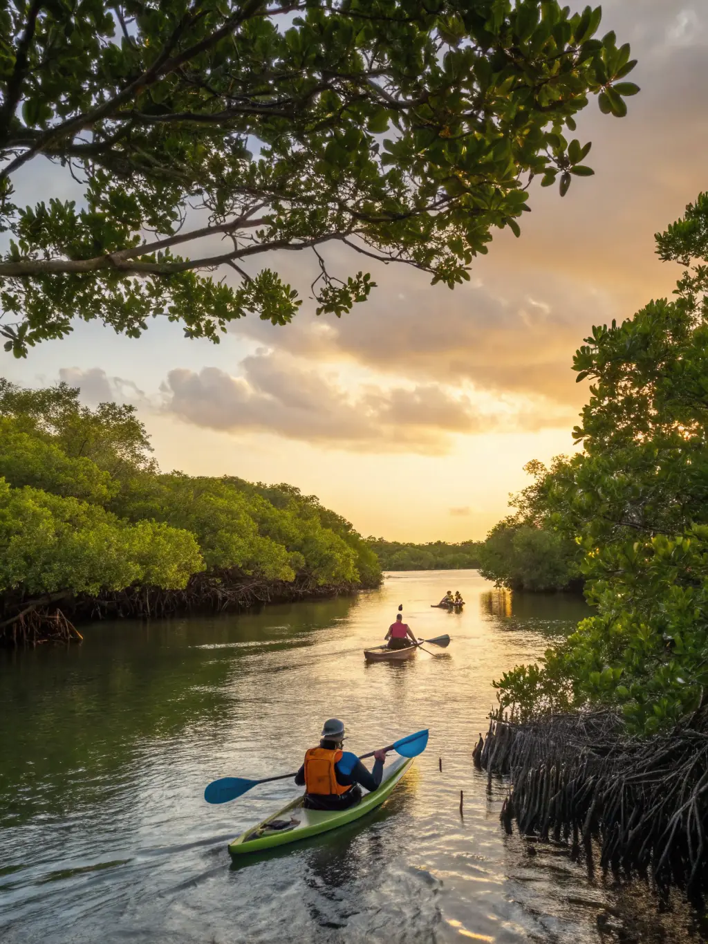 A serene image of a couple kayaking through calm, turquoise waters near a mangrove forest, showcasing the tranquility and natural beauty of the Kenyan coast.